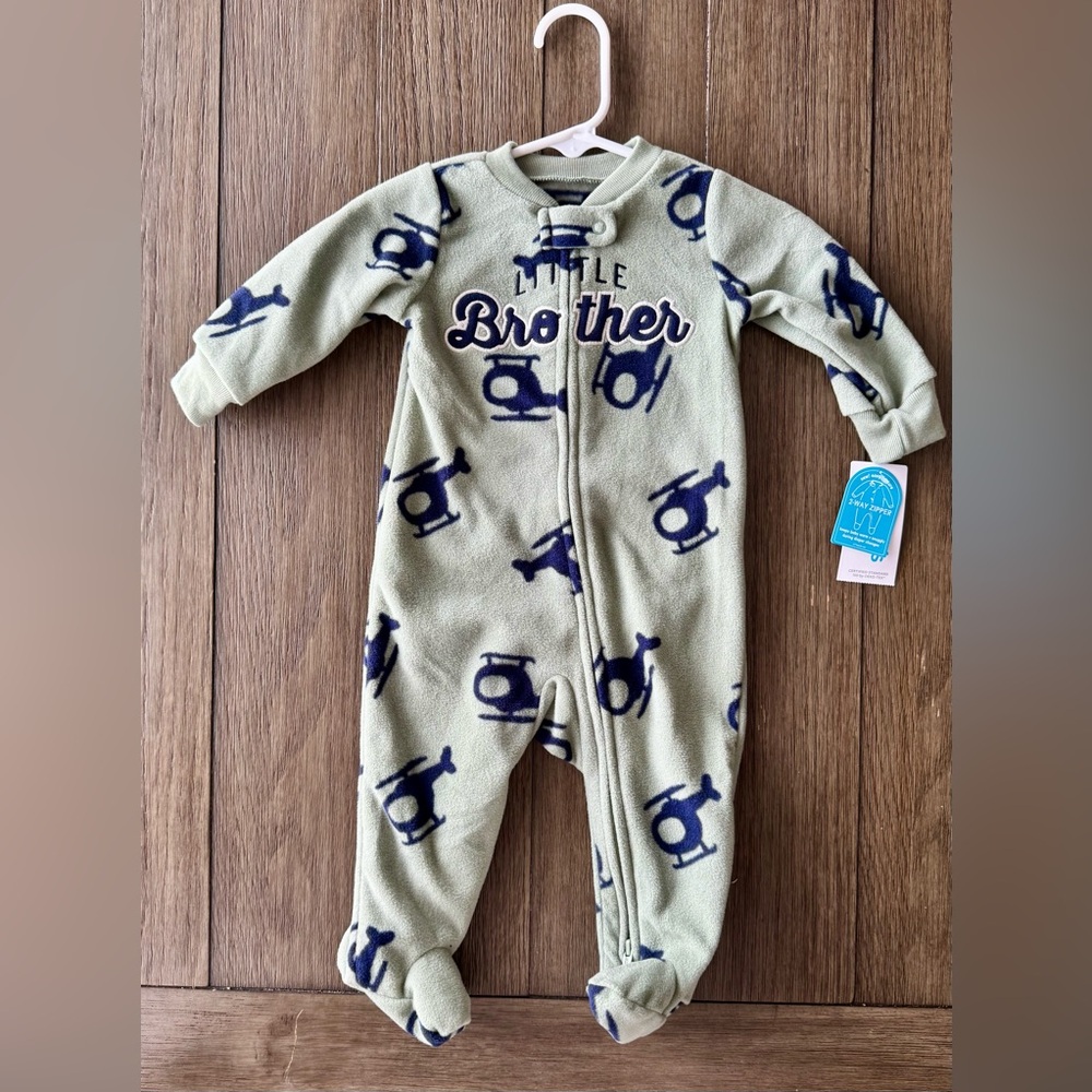 Carter's Green Fleece Footie with Navy Helicopter Print